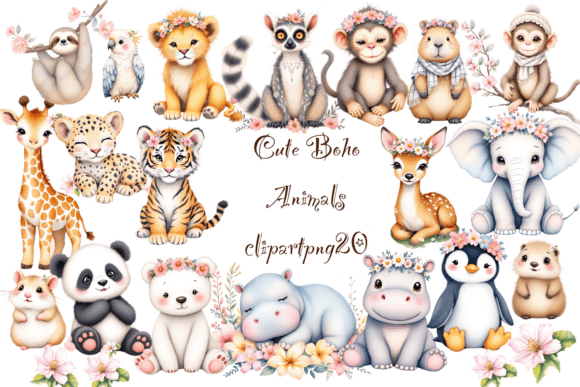 Cute Boho Animals Clipart PNG 20