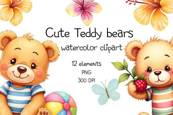 Cute Teddy Bears Watercolor Clipart Collection