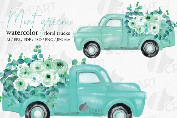 Elevate Your Creative Projects with the Mint Green Floral Truck Clip Art Set