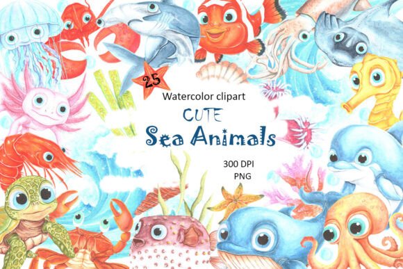 Watercolor Cute Sea Animals Clipart for Creative Projects